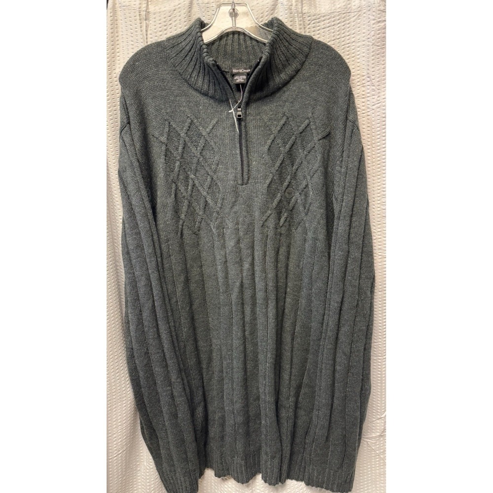 North Crest Men's Charcoal Grey Size XXLT 1/4 Zip Ribbed Cable Sweater Mock Neck